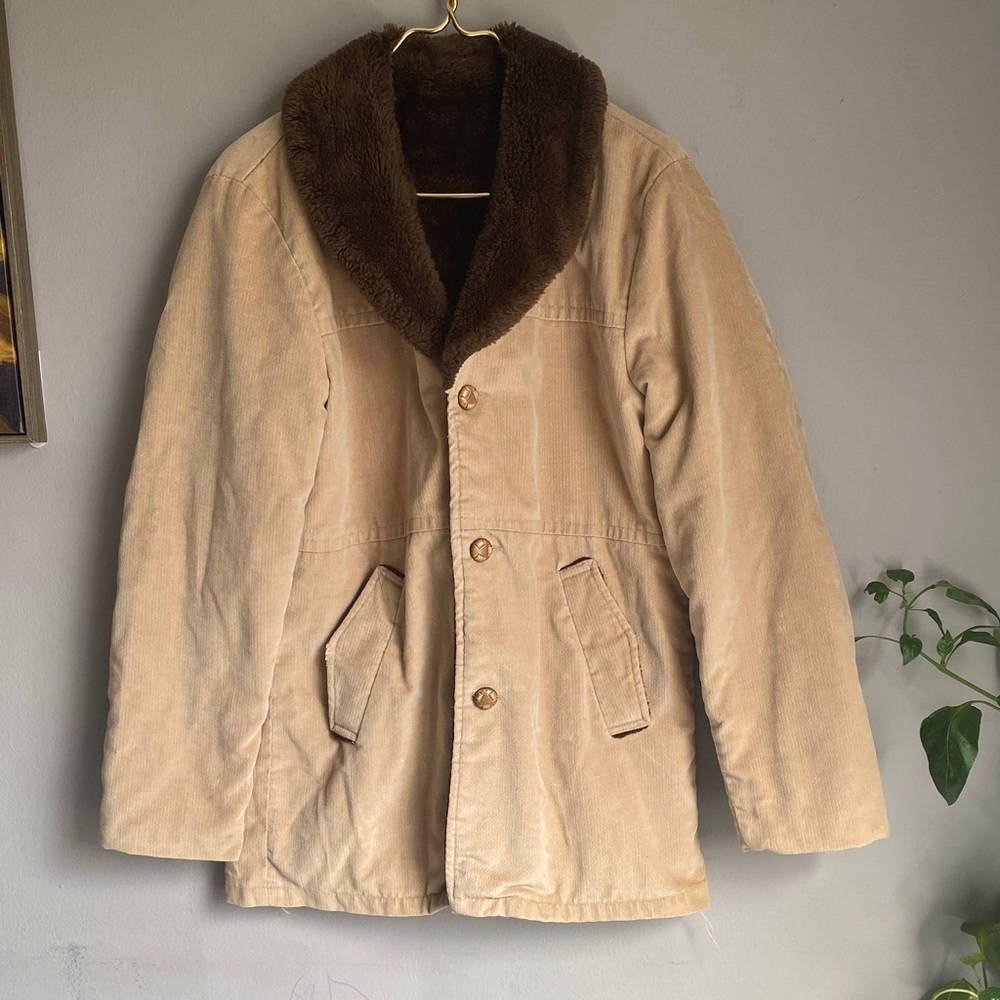 Men's Beige Corduroy Jacket with Dark Brown Faux Fur Collar